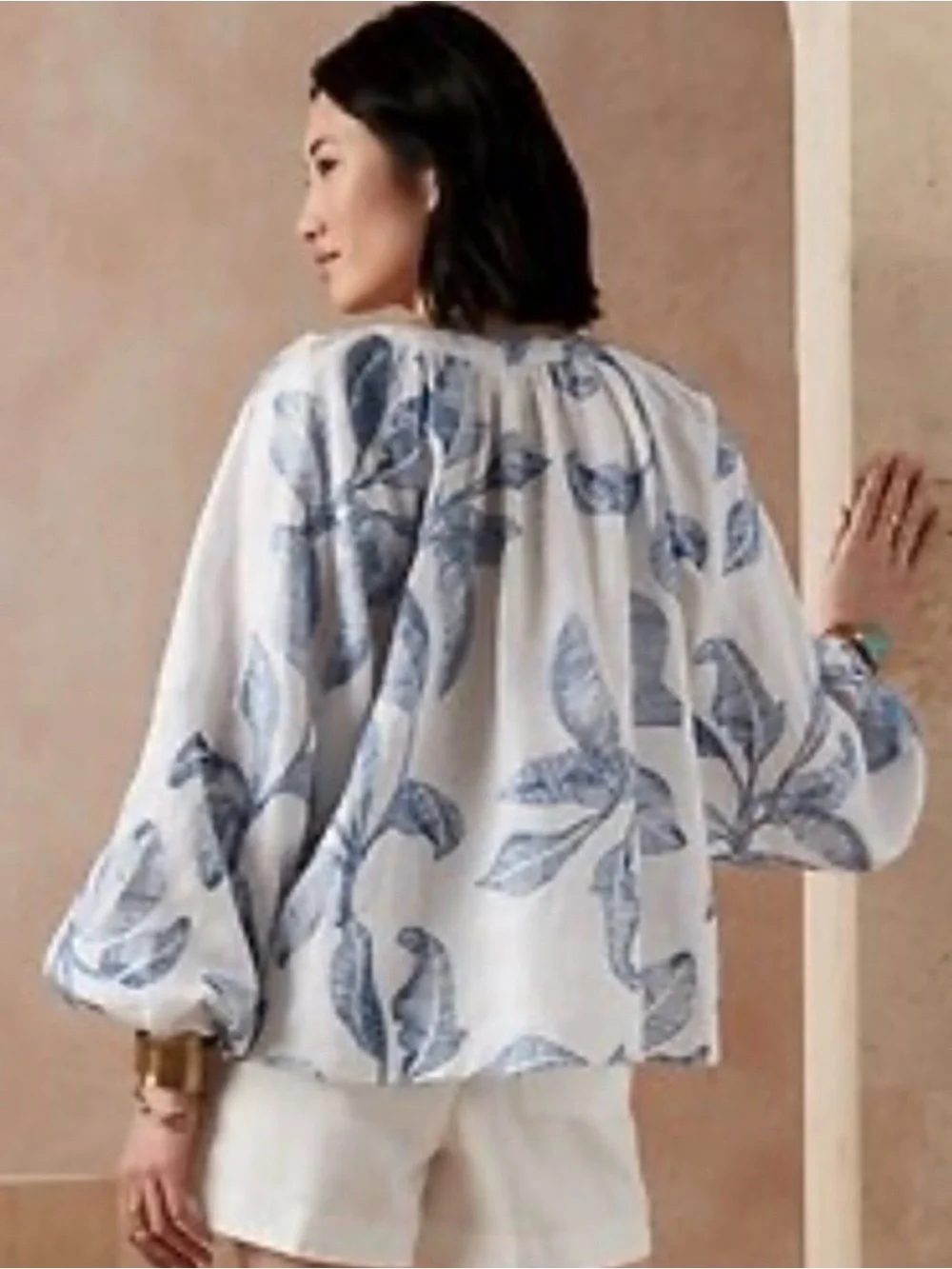 Banana Republic White Blue Leaf Print Linen Boho Peasant Blouse Top Size XL